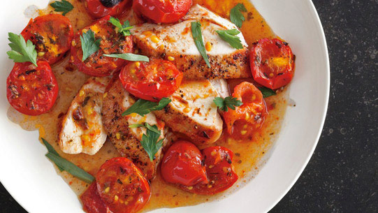 chicken with herb-roasted tomatoes and pan sauce